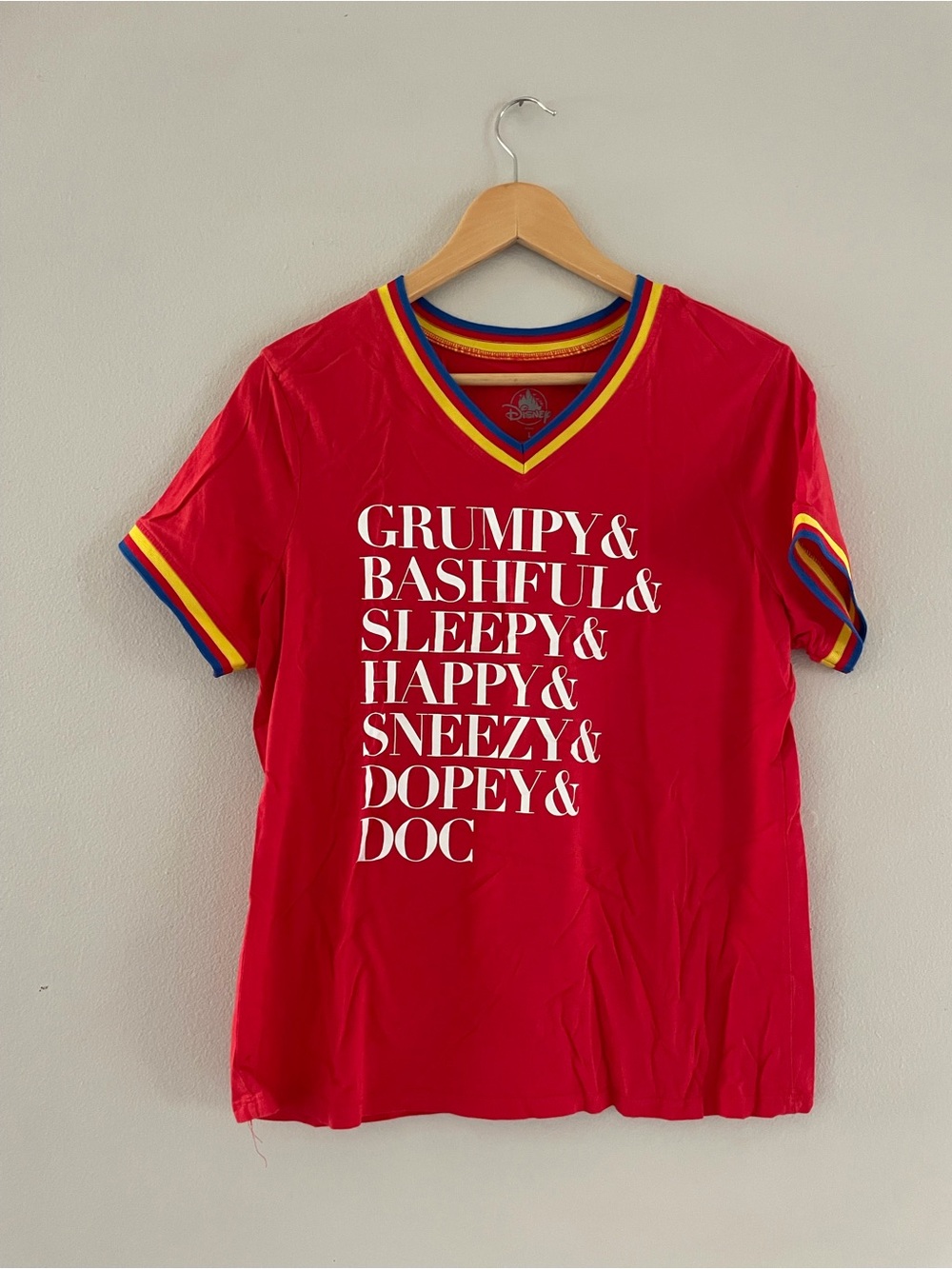 Disney 7 Dwarfs Red Short Sleeve Tee with Yellow & Blue Trim